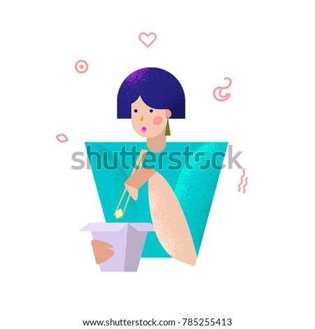 woman eating asian food with shrips and mussels vector illustration