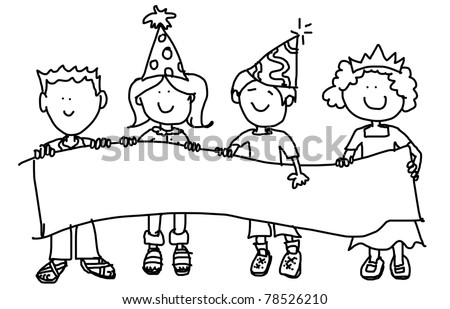 Large childlike cartoon characters: little kids, boys and girls, holding a very big blank banner and wearing party hats.