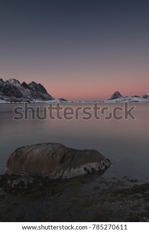 Sunset at Fjord camp site in Lofoten,Norway