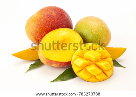 
Mangoes isolated on white background. Whole and cut fruit with real leaves. Horizontal composition photography. No people. Studio shot. Color image.
