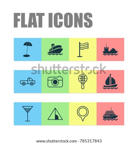Tourism icons set with aperitif, sail ship, pin and other street elements. Isolated vector illustration tourism icons.