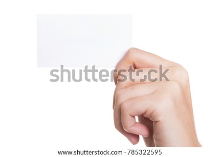 Female hand holding business card on white background