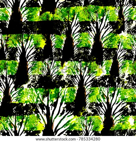 Seamless Hand Drawn Watercolor Pattern with trees and stripes. Bright Design Wallpaper, Tile, Textile, Fabric, Wrapping, Packaging, Camouflage Print. Abstract Background. Ink Brush Pattern for Fabric