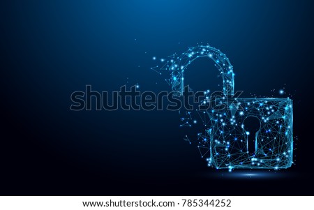 Cyber Unlock security concept. Lock symbol form lines and triangles, point connecting network on blue background. Illustration vector Royalty-Free Stock Photo #785344252