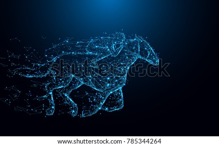 Abstract Jockey on horse form lines and triangles, point connecting network on blue background. Illustration vector