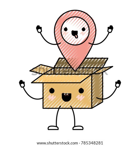 animated opened kawaii cardboard box with kawaii map pointer on top in colored crayon silhouette