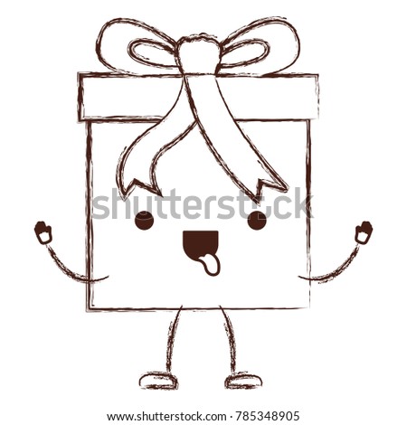 animated kawaii gift box icon with decorative ribbon in monochrome blurred silhouette
