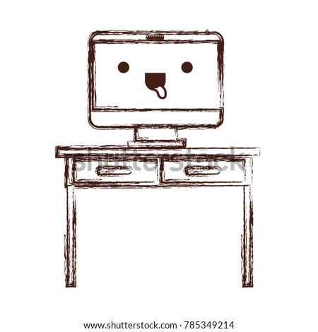 desk table with drawers and kawaii desktop computer above in monochrome blurred silhouette