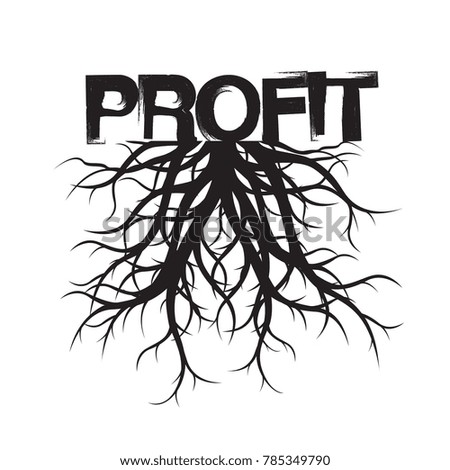 Black Roots Tree and text PROFIT. Vector Illustration.