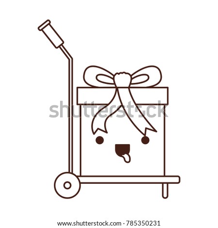hand truck with big kawaii gift box in monochrome silhouette