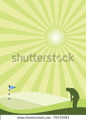 Golfer silhouette in green rolling countryside with sunburst sky