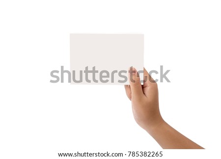 Young woman hand holding white card on white bcakground.