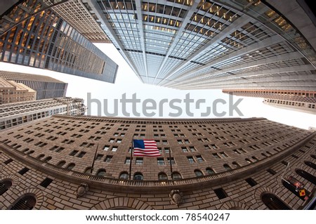 general architecture with American flag, fish-eye photo taken in New York, USA.