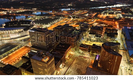 An aerial of Cincinnati after dark
