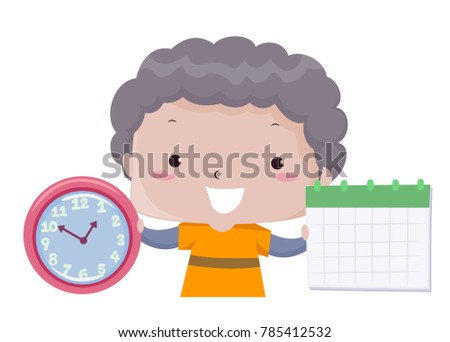 Illustration of a Kid Boy Showing a Clock and a Calendar as Part of Time, Days, Weeks, Months Lesson
