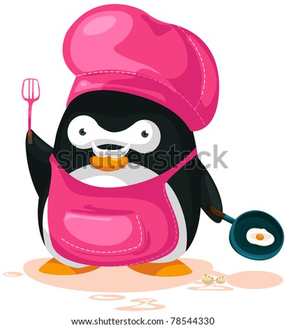 illustration of cartoon penguin cooking on white background