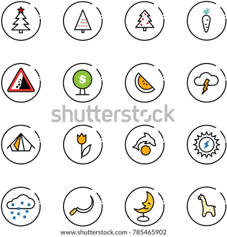 line vector icon set - christmas tree vector, carrot, landslide road sign, money, watermelone, storm, tent, tulip, dolphin, sun power, snow, sickle, moon lamp, toy giraffe