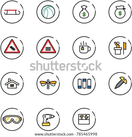 line vector icon set - sleigh vector, basketball ball, money bag, multi lane traffic road sign, railway intersection, hot tea, speaker, home, dragonfly, battery, screw, protective glasses, drill
