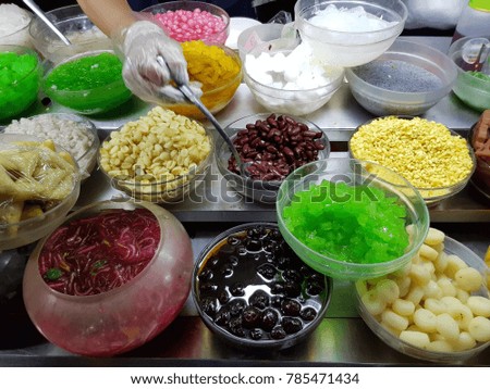 Some toppings of Thai shave ice, one of the famous desserts in Thailand. 