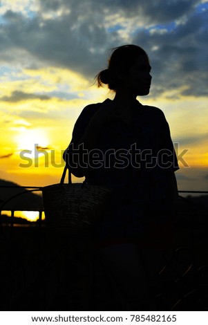 Woman carrying bags silhouette in sunset background.
