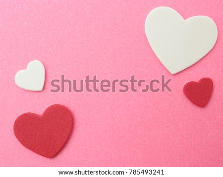 White and Red hearts symbol on creative craft pink paper background. Represent gentle true love romance relationship on anniversary valentine day.