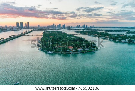 Palm Island aerial view at dusk, Miami - Florida.