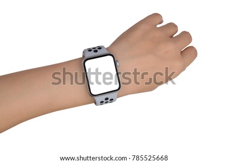 female hands using with white watch isolate on a white background