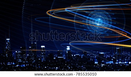 Creative blue sphere on night city background. Future and innovation concept. Double exposure 