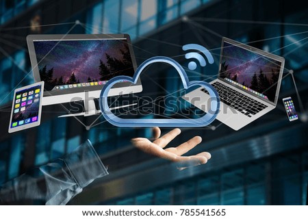 View of a Devices like smartphone, tablet or computer flying over connected cloud - 3d render