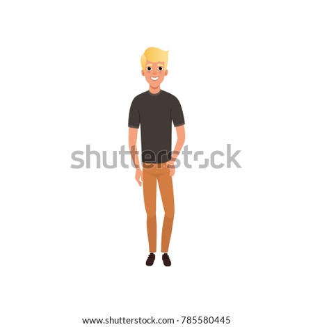 Handsome blond guy posing isolated on white. Cartoon character of young man wearing black t-shirt and orange jeans. Full-length portrait. Flat vector design