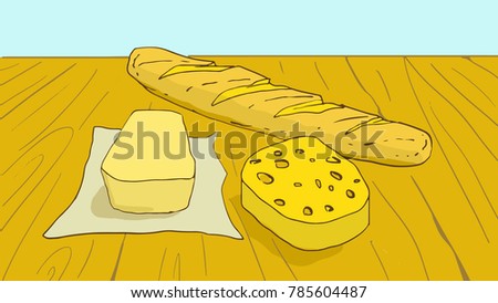 Cartoon Food Products: butter, cheese and a loaf. Colorful vector sketch. Clip art.