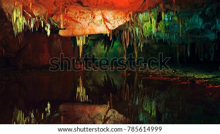 Kutaisi, Georgia. Inside a prometheus cave in Georgia. Popular touristic place, illuminated stalactites and stalagmites