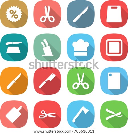 flat vector icon set - percent vector, scissors, scalpel, cutting board, stands for knives, cook hat, knife, chef, axe, pruner