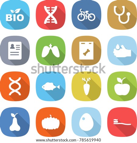 flat vector icon set - bio vector, dna, bike, stethoscope, anamnesis, lungs, roentgen, acid, fish, carrot, apple, pear, pumpkin, egg, tooth brush