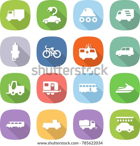 flat vector icon set - truck vector, electric car, lunar rover, delivery, spark plug, bike, ambulance, shipping, fork loader, trailer, bus, jet ski, speed train, pickup, sweeper, wash
