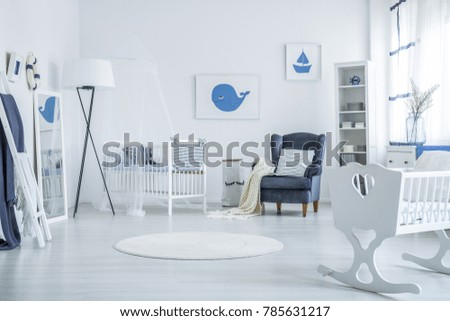 Bedroom prepared for a newborn with wooden cradle, nautical posters and white crib