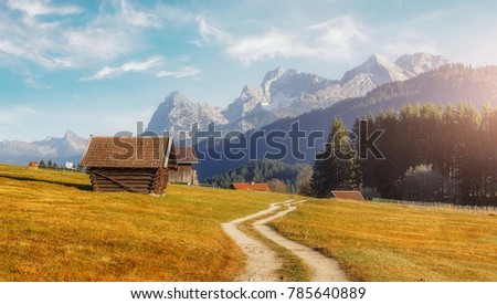 Fabulous alpine wooden hots, green fields and Land road. Wonderful Alps Sunny Morning. Awesome alpine highlands in sunny day. wonderful picturesque Scene. Instagram Filter. Creative Image. Postcard