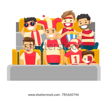 Caucasian white sport supporters sitting at the stadium at a sporting event. Crowd of spectators watching game at the stadium. Vector cartoon illustration isolated on white background. Square layout.