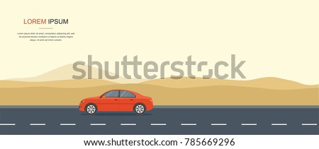 Red Car Driving on a Road in the desert Rental car and Auto leasing banner. Royalty-Free Stock Photo #785669296
