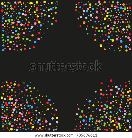 Various sparkle frame or border of random scatter rainbow geometric figures isolated on black.