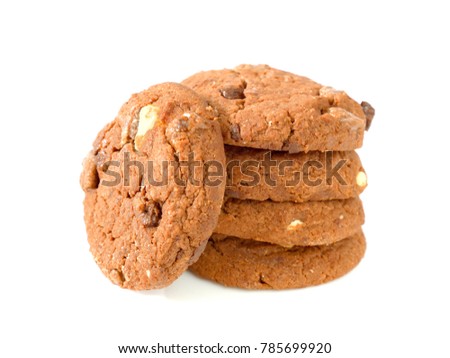 Stack of chocolate chip with white chocolate cookies isolated on white background