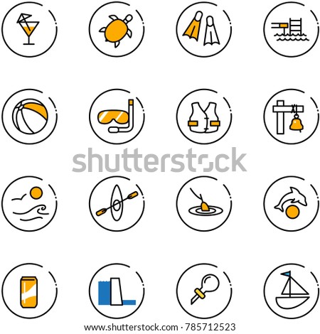 line vector icon set - drink vector, sea turtle, flippers, pool, ball, diving, life vest, ship bell, waves, kayak, fishing, dolphin, water power plant, oiler, sailboat toy