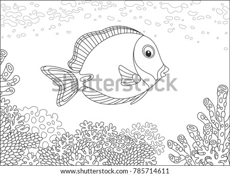 A surgeon fish swimming over a coral reef in a tropical sea, a black and white vector illustration in cartoon style for a coloring book
