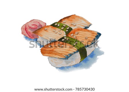 Watercolor illustration of sushi roll, susi, exotic nutrition, sushi restaurant, sea food
