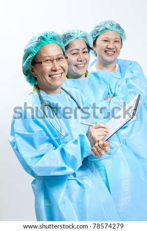 Group of smiling female medical doctor and nurse with stethoscope and clipboard