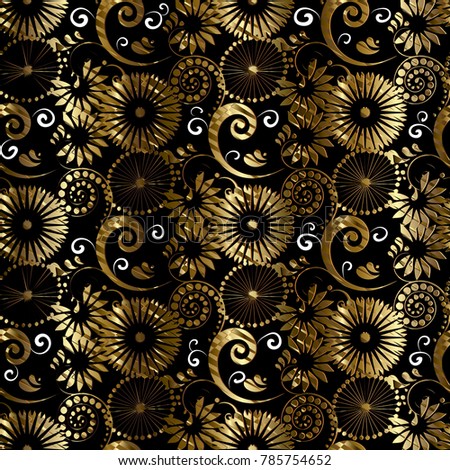 Floral abstract gold seamless pattern. Vintage vector background with golden flowers, swirls, leaves, dots, line art tracery ornaments. Patterned surface texture. Luxury design for wallpapers, prints