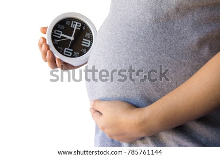 mother pregnant with clock on white background