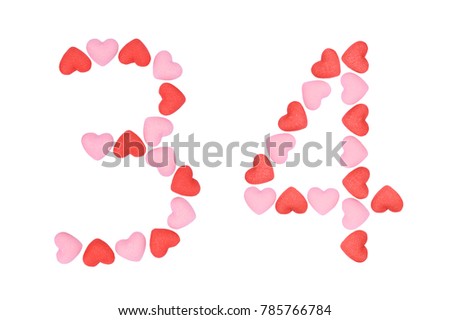Number 3 and 4 made of red and pink hearts isolated on white background