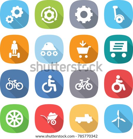 flat vector icon set - gear vector, around, gyroscooter, hoverboard, lunar rover, add to cart, delivery, bike, disability, invalid, wheel, wheelbarrow, pickup, windmill
