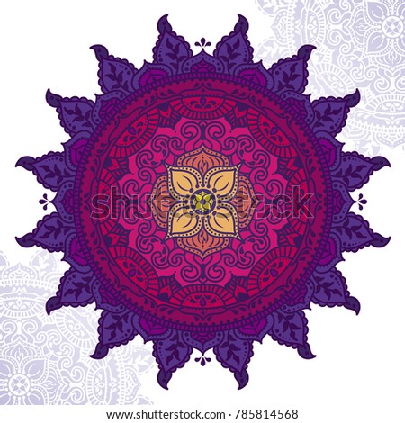 Beautiful round pattern in folkloric style, indian magical mandala, trendy bright palette, vector illustration